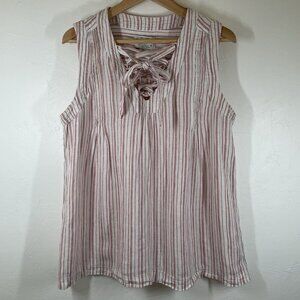 Rachel Zoe 100% Linen Sleeveless Tank Top Pink Striped Blouse Pin tuck Lace Up L